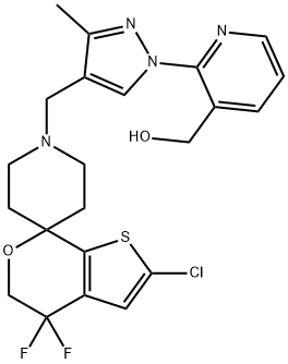 2-[3-メチル-4-[(2-クロロ-4,4-ジフルオロスピロ[5H-チエノ[2,3-c]ピラン-7,4′-ピペリジン]-1′-イル)メチル]-1H-ピラゾール-1-イル]ピリジン-3-メタノール 化学構造式
