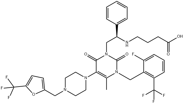 Butanoic acid, 4-[[(1R)-2-[3-[[2-fluoro-6-(trifluoromethyl)phenyl]methyl]-3,6-dihydro-4-methyl-2,6-dioxo-5-[4-[[5-(trifluoromethyl)-2-furanyl]methyl]-1-piperazinyl]-1(2H)-pyrimidinyl]-1-phenylethyl]amino]- Struktur