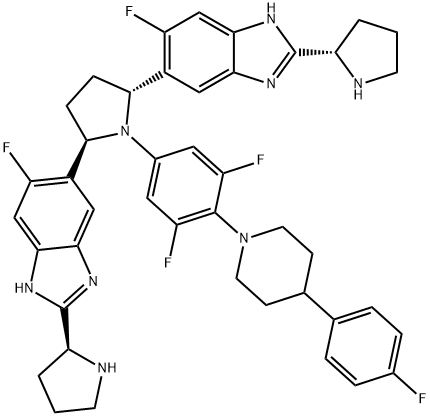 5, 5'-[(2R, 5R)-1-[3,5-difluoro-4-(4-(4-fluorophenyl)- 1-piperidinyl)phenyl]-2,5-pyrrolidinediyl]bis[6-fluoro-2-(2S)-2-pyrrolidinyl 1H-benzimidzole] Struktur