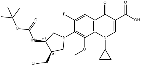 3-Quinolinecarboxylic acid, 7-[(3R,4R)-3-(chloroMethyl)-4-[[(1,1-diMethylethoxy)carbonyl]aMino]-1-pyrrolidinyl]-1-cyclopropyl-6-fluoro-1,4-dihydro-8-Methoxy-4-oxo-, rel-, 1332581-46-0, 结构式