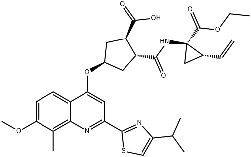 Cyclopentanecarboxylic acid, 2-[[[(1R,2S)-2-ethenyl-1-(ethoxycarbonyl)cyclopropyl]amino]carbonyl]-4-[[7-methoxy-8-methyl-2-[4-(1-methylethyl)-2-thiazolyl]-4-quinolinyl]oxy]-, (1R,2R,4R)-, 1333964-94-5, 结构式