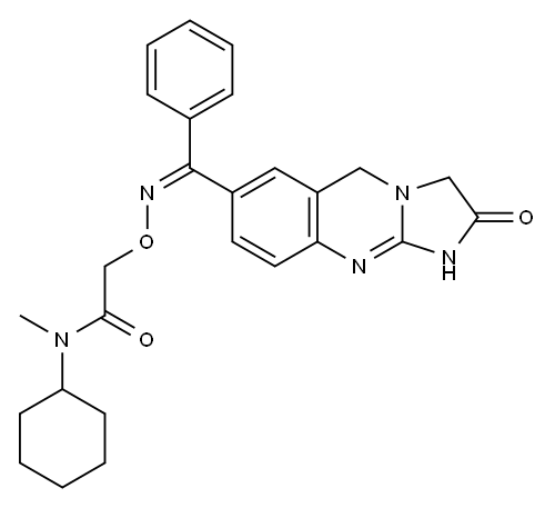 N-シクロヘキシル-N-メチル-2-{[(Z)-({2-オキソ-1H,2H,3H,5H-イミダゾ[2,1-b]キナゾリン-7-イル}(フェニル)メチリデン)アミノ]オキシ}アセトアミド 化学構造式