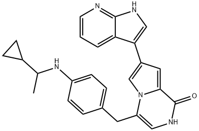 Pyrrolo[1,2-a]pyrazin-1(2H)-one, 4-[[4-[(1-cyclopropylethyl)amino]phenyl]methyl]-7-(1H-pyrrolo[2,3-b]pyridin-3-yl)- 结构式
