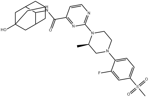 N-(5α-ヒドロキシ-2β-アダマンチル)-2-[(2R)-2α-メチル-4-(2-フルオロメシルフェニル)ピペラジノ]ピリミジン-4-カルボアミド 化学構造式
