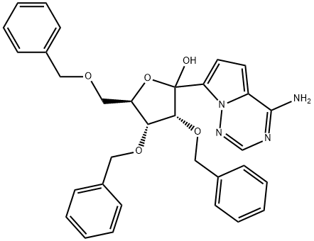 D-Ribofuranose, 1-C-(4-aminopyrrolo[2,1-f][1,2,4]triazin-7-yl)-2,3,5-tris-O-(phenylmethyl)- Struktur