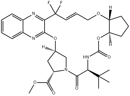 methyl (33R,35S,91R,92R,5S,E)-5-(tert-butyl)-14,14-difluoro-4,7-dioxo-2,8,10-trioxa-6-aza-1(2,3)-quinoxalina-3(3,1)-pyrrolidina-9(1,2)-cyclopentanacyclotetradecaphan-12-ene-35-carboxylate Struktur