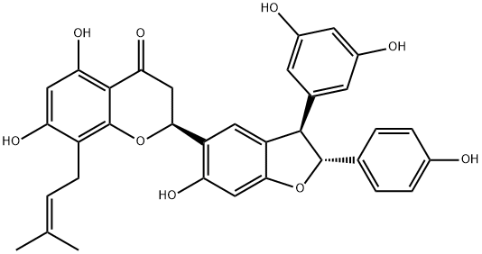 (2S)-5,7-Dihydroxy-2,3-dihydro-2α-[[(2R)-2β-(4-hydroxyphenyl)-3α-(3,5-dihydroxyphenyl)-6-hydroxy-2,3-dihydrobenzofuran]-5-yl]-8-(3-methyl-2-butenyl)-4H-1-benzopyran-4-one, 136997-68-7, 结构式