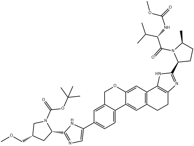 叔丁基 (2S,4S)-2-[5-(2-{(2S,5S)-1-[N-(甲氧基羰基)-L-缬氨酰]-5-甲基吡咯烷-2-基}-1,4,5,11-四氢异吡喃[4′,3′:6,7]萘并[1,2-D]咪唑-9-基)-1H-咪唑-2-基]-4-(甲氧基甲基)吡咯烷-1-羧酸,1378391-44-6,结构式