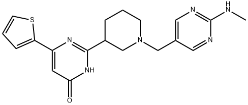 6-(2-チエニル)-2-[1-[2-(メチルアミノ)ピリミジン-5-イルメチル]ピペリジン-3-イル]ピリミジン-4-オール 化学構造式