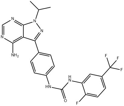 1-[4-(4-アミノ-1-イソプロピル-1H-ピラゾロ[3,4-d]ピリミジン-3-イル)フェニル]-3-[2-フルオロ-5-(トリフルオロメチル)フェニル]尿素 化学構造式