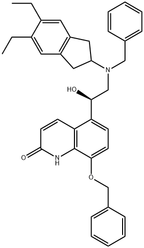 2(1H)-Quinolinone, 5-[(1R)-2-[(5,6-diethyl-2,3-dihydro-1H-inden-2-yl)(phenylmethyl)amino]-1-hydroxyethyl]-8-(phenylmethoxy)- Struktur