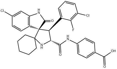 4-{[(3'R,4'S,5'R)-6''-クロロ-4'-(3-クロロ-2-フルオロフェニル)-2''-オキソ-1'',2''-ジヒドロジスピロ[シクロヘキサン-1,2'-ピロリジン-3',3''-インドール]-5'-イル]アミド}安息香酸 化学構造式