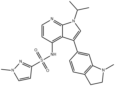N-[1-イソプロピル-3-(1-メチル-2,3-ジヒドロ-1H-インドール-6-イル)-1H-ピロロ[2,3-b]ピリジン-4-イル]-1-メチル-1H-ピラゾール-3-スルホンアミド 化学構造式