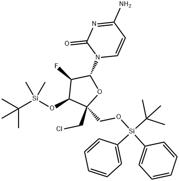 Cytidine, 4'-C-(chloromethyl)-2'-deoxy-3'-O-[(1,1-dimethylethyl)dimethylsilyl]-5'-O-[(1,1-dimethylethyl)diphenylsilyl]-2'-fluoro- 化学構造式