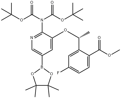 Benzoic acid, 2-[(1R)-1-[[2-[bis[(1,1-dimethylethoxy)carbonyl]amino]-5-(4,4,5,5-tetramethyl-1,3,2-dioxaborolan-2-yl)-3-pyridinyl]oxy]ethyl]-4-fluoro-, methyl ester 结构式