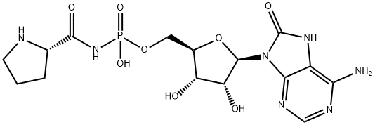 Adenosine, 7,8-dihydro-8-oxo-, 5'-[hydrogen N-[(2S)-2-pyrrolidinylcarbonyl]phosphoramidate] 化学構造式