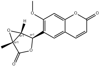 rel-(5α*)-4α*-(7-メトキシ-2-オキソ-2H-1-ベンゾピラン-6-イル)-1α*-メチル-3,6-ジオキサビシクロ[3.1.0]ヘキサン-2-オン 化学構造式