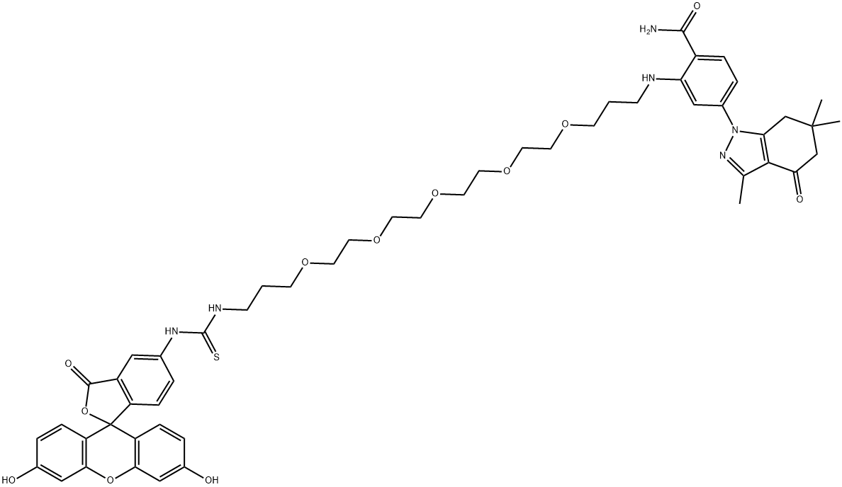 2-((1-((3',6'-DIHYDROXY-3-OXO-3H-SPIRO[ISOBENZOFURAN-1,9,-XANTHEN]-5-YL)AMINO)-1-THIOXO-6,9,12,15,18-PENTAOXA-2-AZAHENICOSAN-21-YL)AMINO)-4-(3,6,6-TRIMETHYL-4-OXO-4,5,6,7-TETRAHYDRO-1H-INDAZOL-1-YL)BENZAMIDE,HS-27,1562024-11-6,结构式