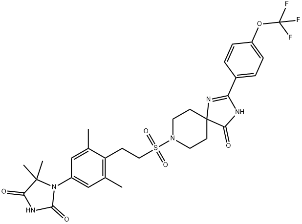 1-{3,5-ジメチル-4-[2-({4-オキソ-2-[4-(トリフルオロメトキシ)フェニル]-1,3,8-トリアザスピロ[4.5]デカ-2-エン-8-イル}スルホニル)エチル]フェニル}-5,5-ジメチルイミダゾリジン-2,4-ジオン 化学構造式