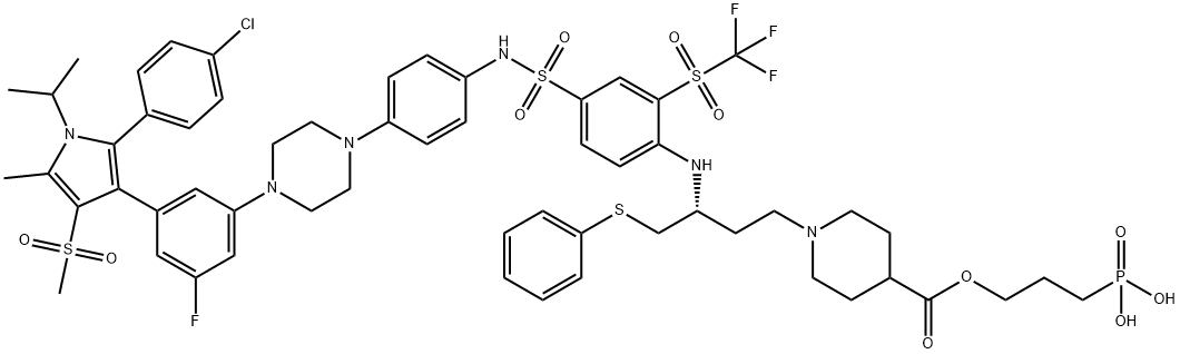 4-Piperidinecarboxylic acid, 1-[(3R)-3-[[4-[[[4-[4-[3-[2-(4-chlorophenyl)-5-methyl-1-(1-methylethyl)-4-(methylsulfonyl)-1H-pyrrol-3-yl]-5-fluorophenyl]-1-piperazinyl]phenyl]amino]sulfonyl]-2-[(trifluoromethyl)sulfonyl]phenyl]amino]-4-(phenylthio)butyl]-, 3-phosphonopropyl ester Structure