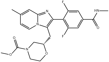 4-Morpholinecarboxylic acid, 2-[[2-[2,6-difluoro-4-[(methylamino)carbonyl]phenyl]-7-methylimidazo[1,2-a]pyridin-3-yl]methyl]-, methyl ester, (2S)- Struktur