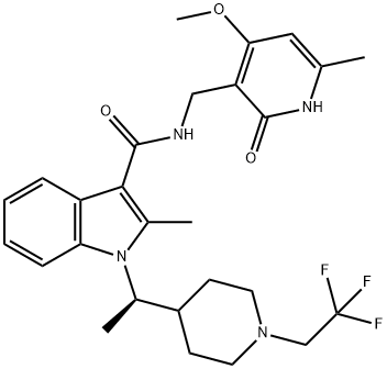 N-[(4-メトキシ-6-メチル-2-オキソ-1,2-ジヒドロピリジン-3-イル)メチル]-2-メチル-1-[(R)-1-[1-(2,2,2-トリフルオロエチル)ピペリジン-4-イル]エチル]-1H-インドール-3-カルボキサミド 化学構造式
