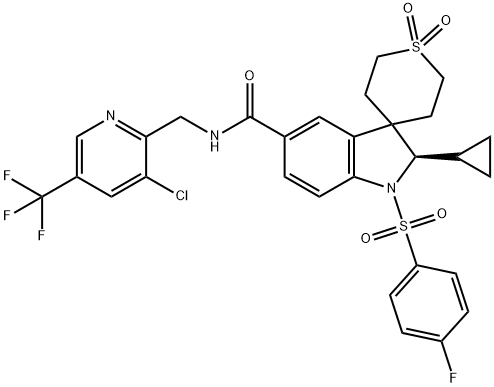 Spiro[3H-indole-3,4'-[4H]thiopyran]-5-carboxamide, N-[[3-chloro-5-(trifluoromethyl)-2-pyridinyl]methyl]-2-cyclopropyl-1-[(4-fluorophenyl)sulfonyl]-1,2,2',3',5',6'-hexahydro-, 1',1'-dioxide, (2R)- Struktur