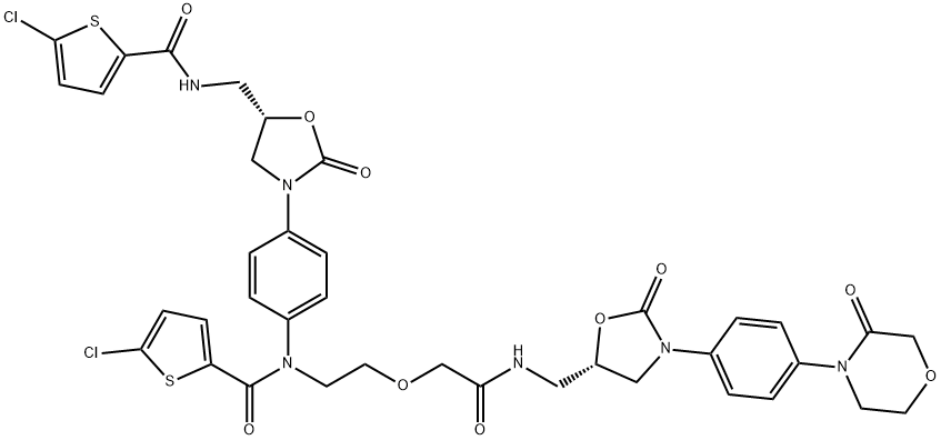 5-chloro-N-(4-((S)-5-((5-chlorothiophene-2-carboxamido)methyl)-2-oxooxazolidin-3-yl)phenyl)-N-(2-(2-oxo-2-((((S)-2-oxo-3-(4-(3-oxomorpholino)phenyl)oxazolidin-5-yl)methyl)amino)ethoxy)ethyl)thiophene-2-carboxamide Structure