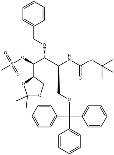 D-Glucitol, 2-deoxy-2-(1,1-dimethylethoxy)carbonylamino-5,6-O-(1-methylethylidene)-3-O-(phenylmethyl)-1-O-(triphenylmethyl)-, 4-methanesulfonate Struktur