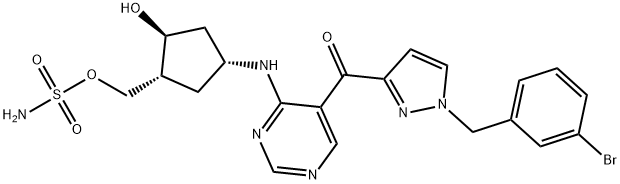 スルファミン酸[(1R)-2β-ヒドロキシ-4α-[5-[1-(3-ブロモベンジル)-1H-ピラゾール-3-イルカルボニル]-4-ピリミジニルアミノ]シクロペンタン-1α-イル]メチル 化学構造式