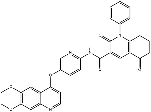 N-{5-[(6,7-ジメトキシキノリン-4-イル)オキシ]ピリジン-2-イル}-2,5-ジオキソ-1-フェニル-7,8-ジヒドロ-6H-キノリン-3-カルボキサミド 化学構造式