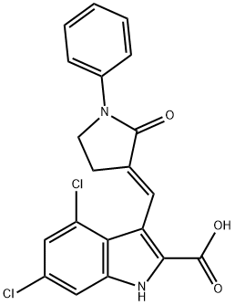 4,6-ジクロロ-3-[(E)-2-オキソ-1-フェニル-ピロリジン-3-イリデンメチル]-1H-インドール-2-カルボン酸 化学構造式