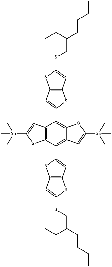 (4,8-bis(5-((2-ethylhexyl)thio)thieno[3,2-b]thiophen-2-yl)benzo[1,2-b:4,5-b']dithiophene-2,6-diyl)bis(trimethylstannane) 化学構造式