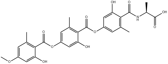 Benzoic acid, 2-hydroxy-4-[(2-hydroxy-4-methoxy-6-methylbenzoyl)oxy]-6-methyl-, 4-[[[(1S)-1-carboxyethyl]amino]carbonyl]-3-hydroxy-5-methylphenyl ester Structure