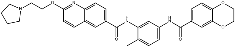 N-[5-(2,3-ジヒドロ-1,4-ベンゾジオキシン-6-イルカルボニルアミノ)-2-メチルフェニル]-2-(2-ピロリジノエトキシ)キノリン-6-カルボアミド 化学構造式