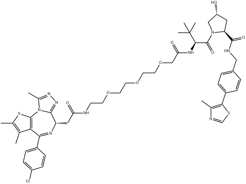 N-[2-[2-[2-[2-[[(R)-1-[[2β-[[4-(4-メチルチアゾール-5-イル)ベンジル]カルバモイル]-4-ヒドロキシピロリジノ]カルボニル]-2,2-ジメチルプロピル]アミノ]-2-オキソエトキシ]エトキシ]エトキシ]エチル]-6,9a-ジヒドロ-2,3,9-トリメチル-4-(4-クロロフェニル)-5,7,8,9a-テトラアザアズレノ[4,5-b]チオフェン-6α-アセトアミド 化学構造式