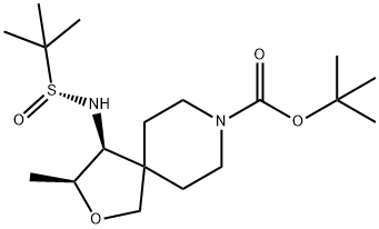 (3S,4S)-叔-丁基 4-((R)-1,1-二甲基乙基亚磺酰氨基)-3-甲基-2-氧杂-8-氮杂螺[4.5]癸烷-8-甲酸基酯, 1801766-78-8, 结构式