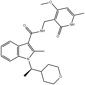 N-[(4-メトキシ-6-メチル-2-オキソ-1,2-ジヒドロピリジン-3-イル)メチル]-2-メチル-1-[(1S)-1-(オキサン-4-イル)エチル]-1H-インドール-3-カルボキサミド 化学構造式