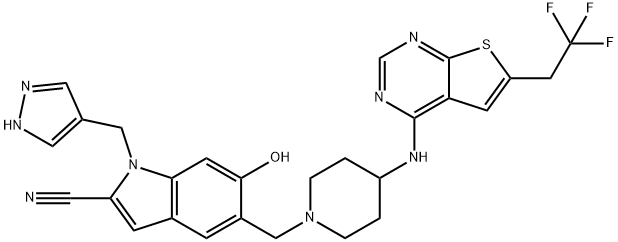 1-(1H-ピラゾール-4-イルメチル)-5-[4-[6-(2,2,2-トリフルオロエチル)チエノ[2,3-d]ピリミジン-4-イルアミノ]ピペリジノメチル]-6-ヒドロキシ-1H-インドール-2-カルボニトリル 化学構造式