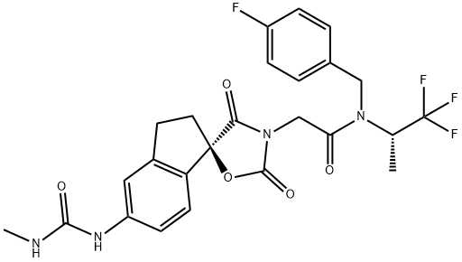 4′-[2-[4-フルオロベンジル[(S)-2,2,2-トリフルオロ-1-メチルエチル]アミノ]-2-オキソエチル]-5-(3-メチルウレイド)-2′-オキサ-1-チア(IV)-4′-アザスピロ[インダン-1,1′-シクロペンタン]-3′,5′-ジオン 化学構造式