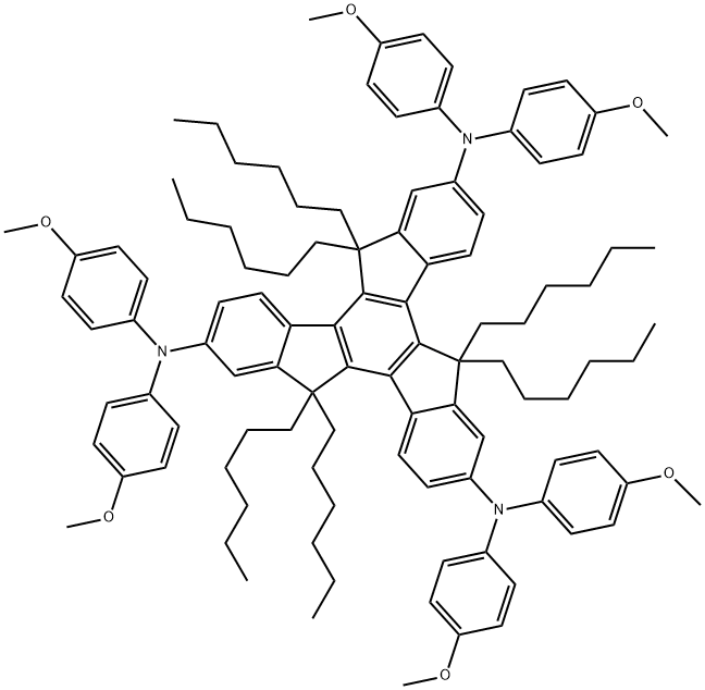 1922933-11-6 5,5,10,10,15,15-hexahexyl-N2,N2,N7,N7,N12,N12-hexakis(4-methoxyphenyl)-10,15-dihydro-5H-diindeno[1,2-a:1',2'-c]fluorene-2,7,12-triamine