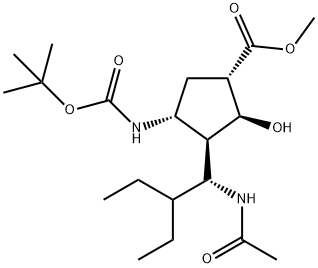 (1S,2S,3R,4R)-3-((R)-1-乙酰氨基-2-乙基丁基)-4-((叔丁氧羰基)氨基)-2-羟基环戊烷-1-羧酸甲酯, 1988779-15-2, 结构式
