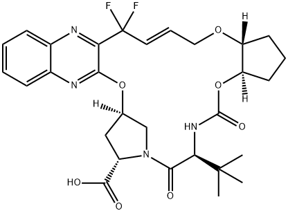 (33R,35S,91R,92R,5S,E)-5-(tert-butyl)-14,14-difluoro-4,7-dioxo-2,8,10-trioxa-6-aza-1(2,3)-quinoxalina-3(3,1)-pyrrolidina-9(1,2)-cyclopentanacyclotetradecaphan-12-ene-35-carboxylic acid Structure