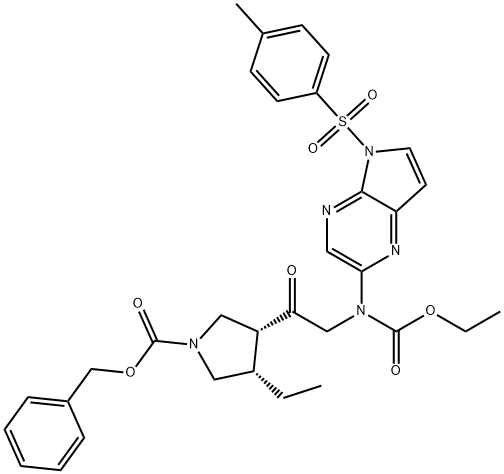 苄基(3R,4S)-3-(N-(乙氧基羰基)-N-(5-甲苯磺酰基-5H-吡咯并[2,3-b]吡嗪-2-基)甘氨酰基)-4-乙基吡咯烷-1-羧酸酯, 2050038-81-6, 结构式