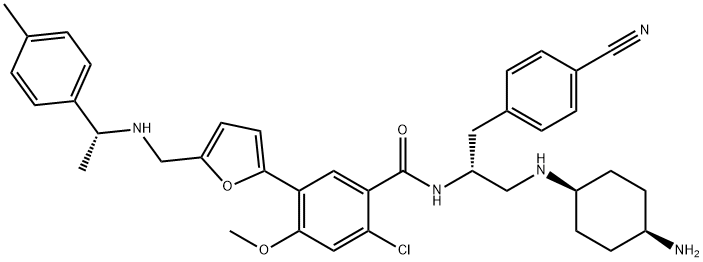 N-[(1R)-2-[[(1β)-4β-アミノシクロヘキシル]アミノ]-1-(4-シアノベンジル)エチル]-2-クロロ-4-メトキシ-5-[5-[[(1R)-1-p-トリルエチル]アミノメチル]-2-フラニル]ベンズアミド 化学構造式