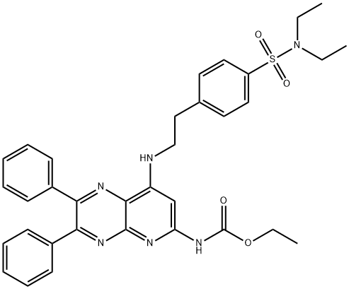 ethyl N-[7-[2-[4-(diethylsulfamoyl)phenyl]ethylamino]-3,4-diphenyl-2,5 ,10-triazabicyclo[4.4.0]deca-2,4,7,9,11-pentaen-9-yl]carbamate 结构式