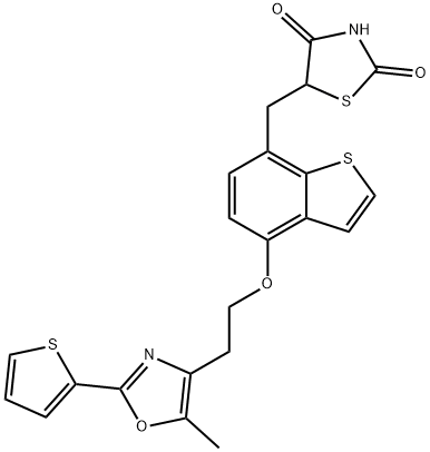 5-[(4-{2-[5-メチル-2-(チオフェン-2-イル)-1,3-オキサゾール-4-イル]エトキシ}-1-ベンゾチオフェン-7-イル)メチル]-1,3-チアゾリジン-2,4-ジオン 化学構造式
