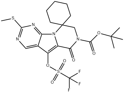 Spiro[cyclohexane-1,9'(6'H)-pyrazino[1',2':1,5]pyrrolo[2,3-d]pyrimidine]-7'(8'H)-carboxylic acid, 2'-(methylthio)-6'-oxo-5'-[[(trifluoromethyl)sulfonyl]oxy]-, 1,1-dimethylethyl ester Structure