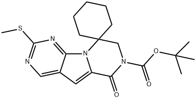 Spiro[cyclohexane-1,9'(6'H)-pyrazino[1',2':1,5]pyrrolo[2,3-d]pyrimidine]-7'(8'H)-carboxylic acid, 2'-(methylthio)-6'-oxo-, 1,1-dimethylethyl ester Structure