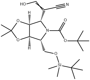 5H-1,3-Dioxolo4,5-cpyrrole-5-carboxylic acid, 4-(1-cyano-2-hydroxyethenyl)-6-(1,1-dimethylethyl)dimethylsilyloxymethyltetrahydro-2,2-dimethyl-, 1,1-dimethylethyl ester, (3aS,4S,6R,6aR)- Struktur